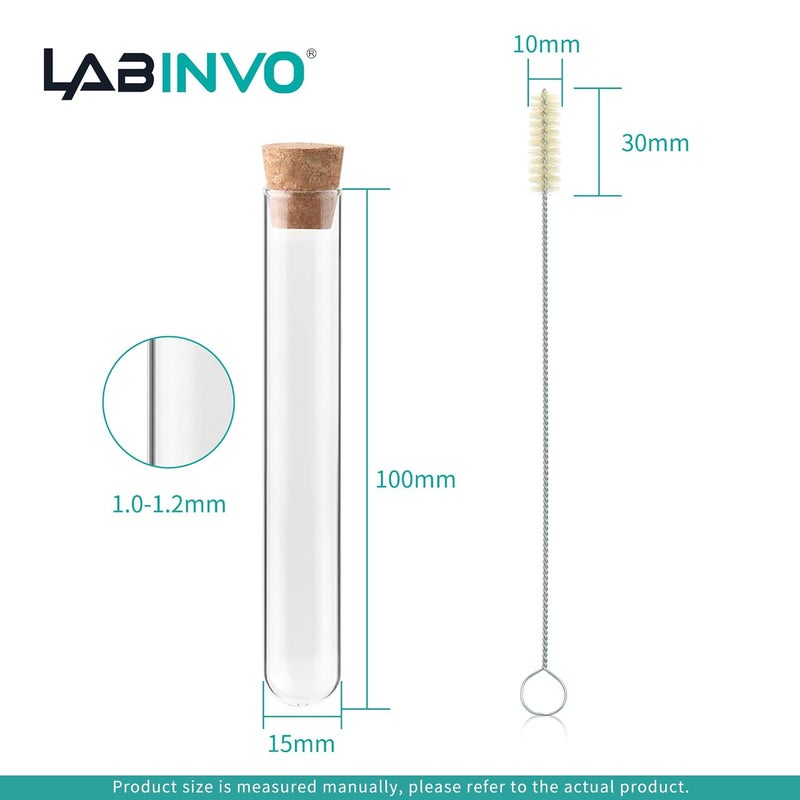 LINVO أنابيب اختبار زجاجية سعة 10 مل مع أغطية من الفلين وفرشاة، قاع دائري، سمك 1.0-1.2، 15x100 مم، عبوة من 50، للنباتات، أملاح الاستحمام، تزيين الحفلات، التجارب العلمية، IN-TTS02 - Image 3